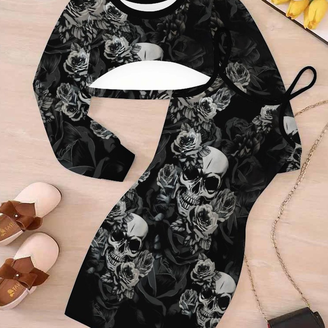 Image of Set "trick Or Treat" Casual Adorable Style Universal Fit Happy Halloween Print Cute But Spooky Long Sleeve Rounded Top And Strappy Two-piece Set