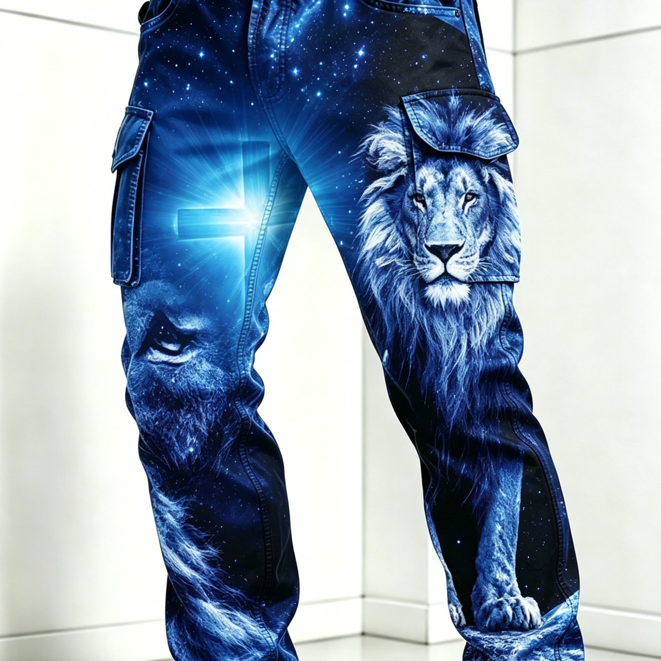 TEMU Men's Casual Cargo Pants, Digital Full Print Lion And Cross Starry Sky Straight Leg Trousers, Daily Street Wear