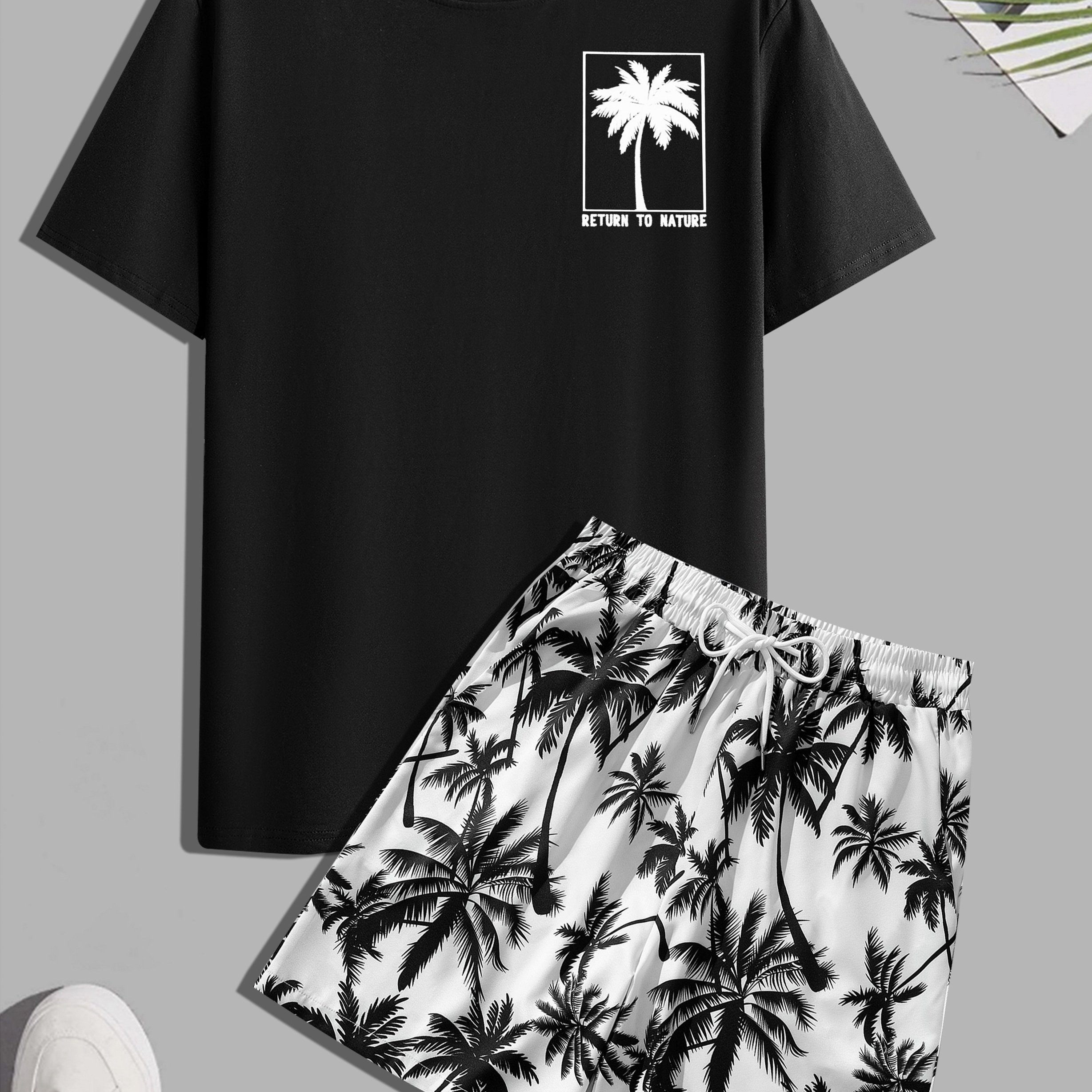 E-shop Herren T603# Rundhals T-Shirt mit tropischem Druck und Kurzarm + Shorts mit Kordelzug und zufälligem Muster