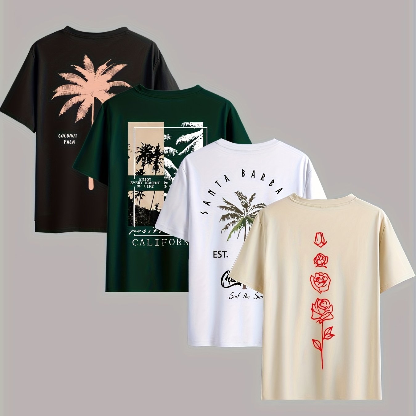 TEMU Men's Fashion Coconut Tree Pattern Print Crew Neck Short Sleeve T-shirt, Suitable For Summer Outing, Four-piece Set