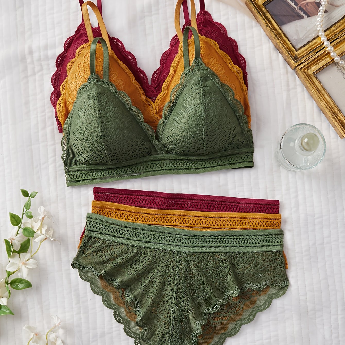 TEMU Set di lingerie elegante a da 6 pezzi, imbottitura removibile, reggiseno a lenti e slip, design delicato per l'uso , set di biancheria intima da