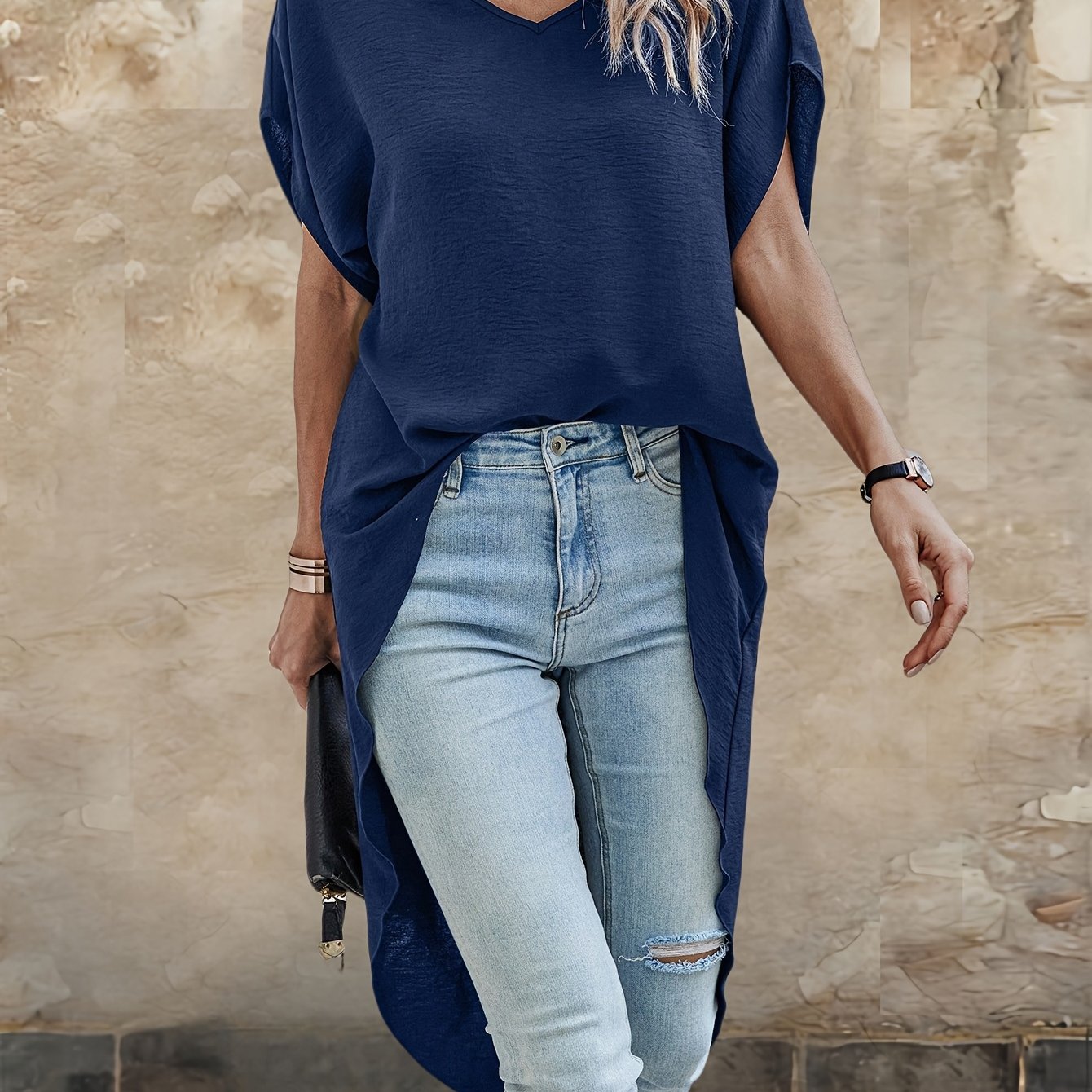 Image of V-neck Asymmetrical Long Top, Batwing Short Sleeve Loose Curved Hem Front Short Back Long Shirt, Textured Pleated Fabric, Casual Leisure, Beach Vacation Blouse