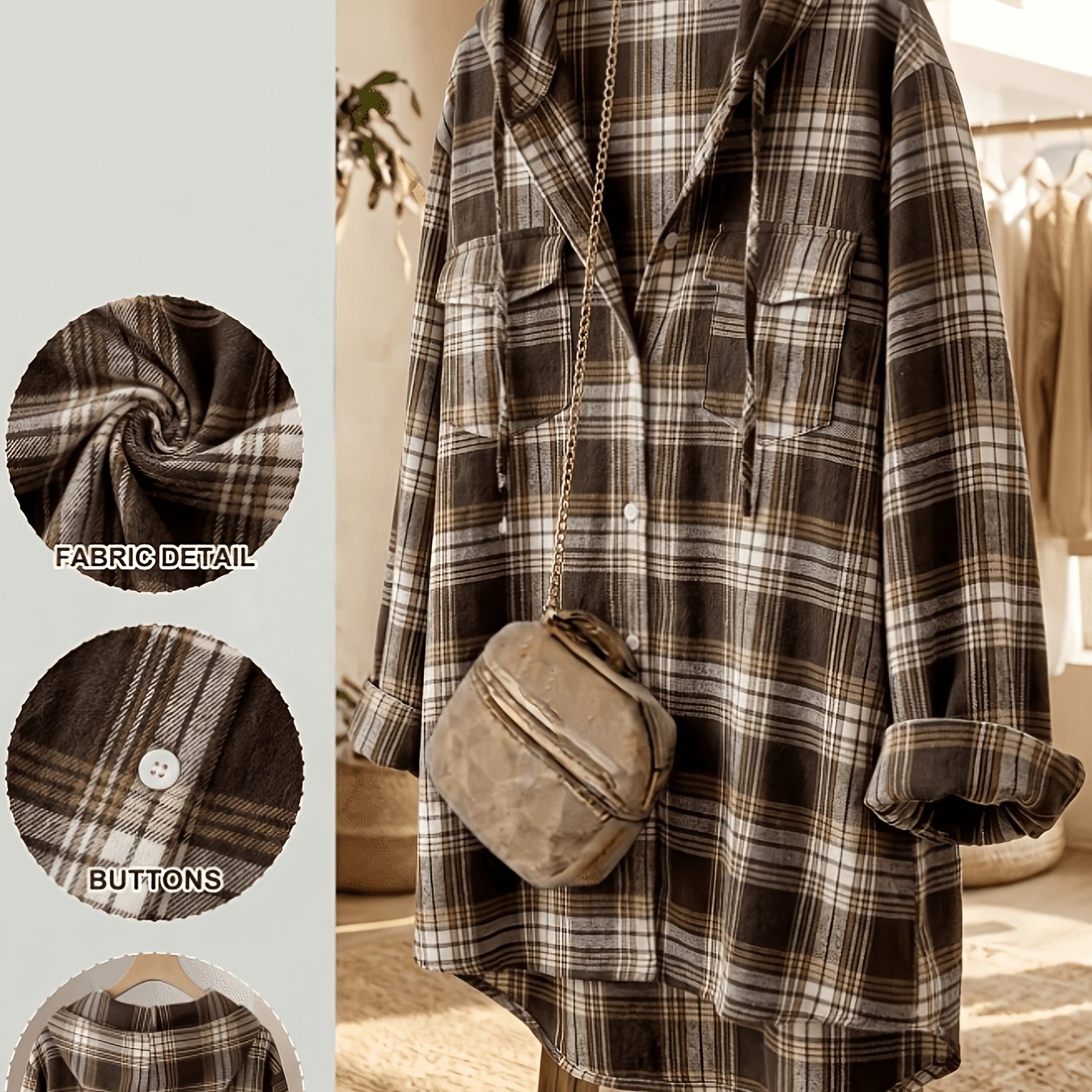 TEMU Plus Size Women's Casual Long Sleeve Hooded Shirt, Women's Plus Size Fashion Outerwear Top