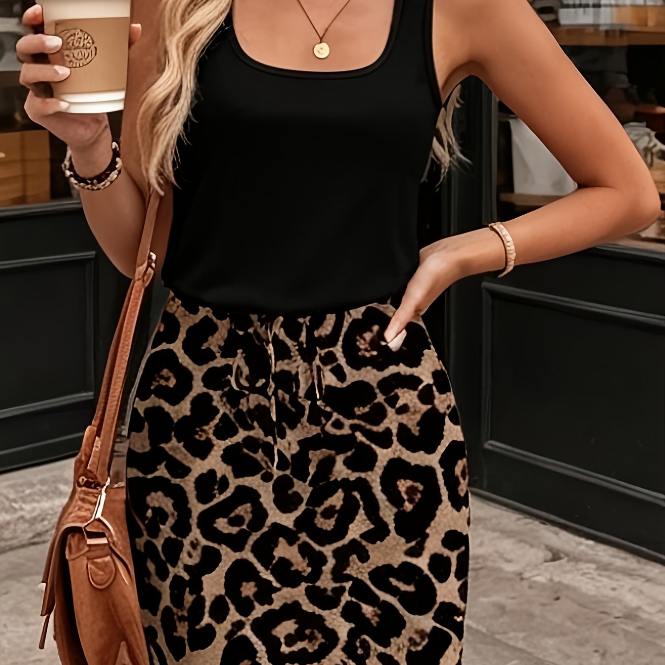 Image of Women' Neck Sleeveless Vest Leopard Print Elegant Dress, Waist Fake Drawstring, , Outing, Party, Beach, Women's Clothing