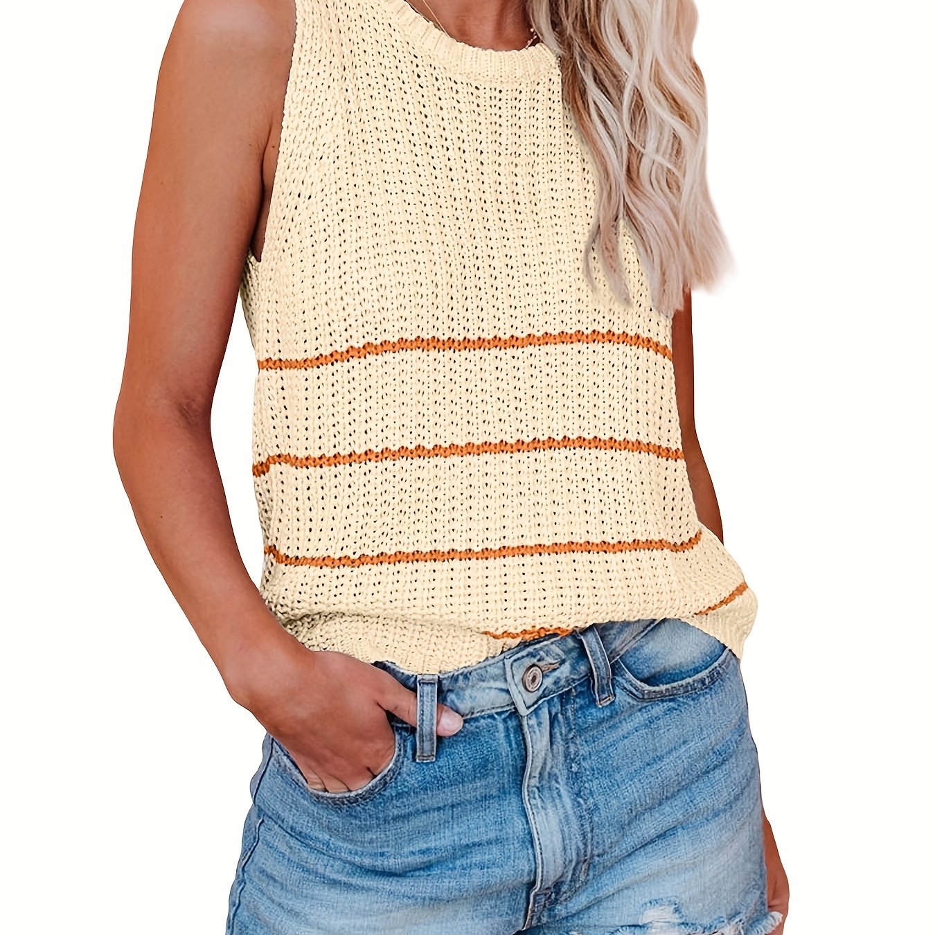 Striped Crew Neck Knitted Top Casual Sleeveless Tank Top - Temu