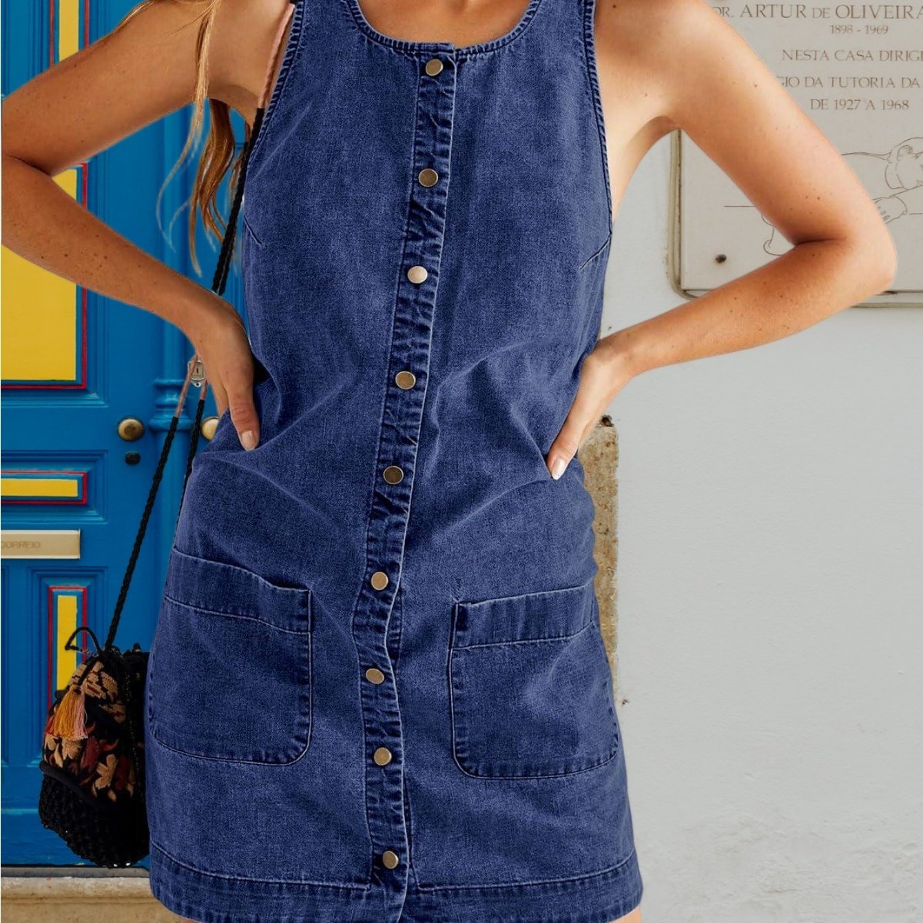 Women's Casual Sleeveless Denim Overalls Dress Button Summer Jean Mini Dress 2025 Trendy Romper With Pockets
