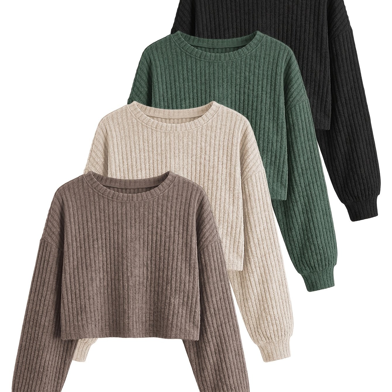 TEMU 4pcs Set Women's Comfortable Top, Elegant Style, Fashionable Cropped Round Neck Long Sleeve T-shirt