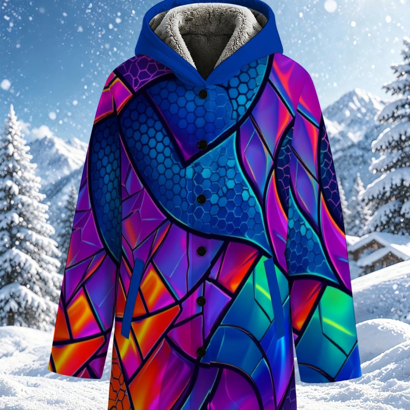 TEMU Lianyaoshi[printed Design Not Textured]women's Fleece-lined Coat For Autumn Winter Vibrant Stained-glass Pattern, Lightweight Warm, Perfect For