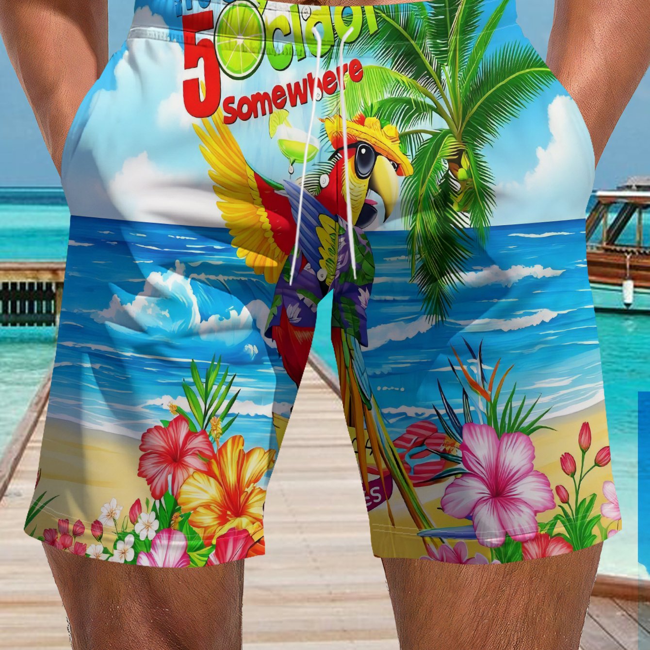 TEMU Shorts Featuring A Beach With The Text " ," In Vibrant Colors