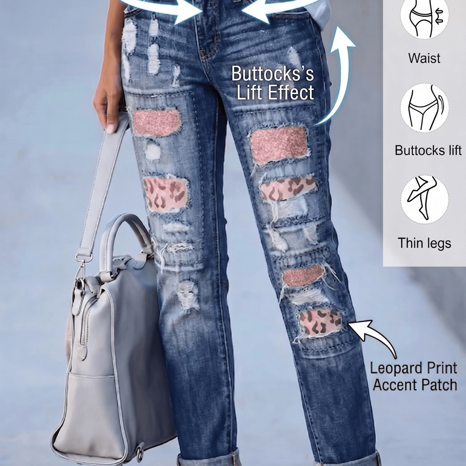 Image of Women's Distressed Jeans Leopard Print & Sequin Casual Streetwear Slim Fit Denim Pants Denim Jeans