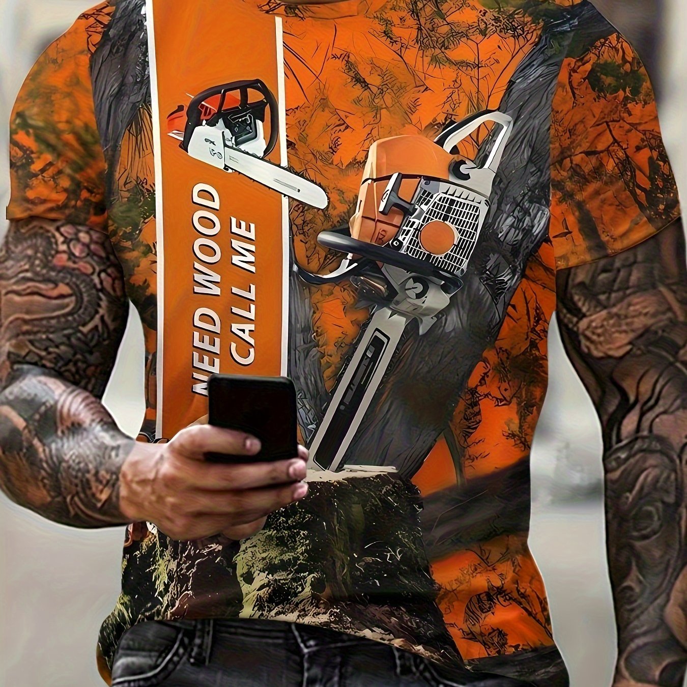 TEMU Plus Size Men's Lumberjack Graphic T-shirt - Chainsaw And Lumber Design - Orange/black/ Scheme - Durable Casual Workwear Top - Machine Washable
