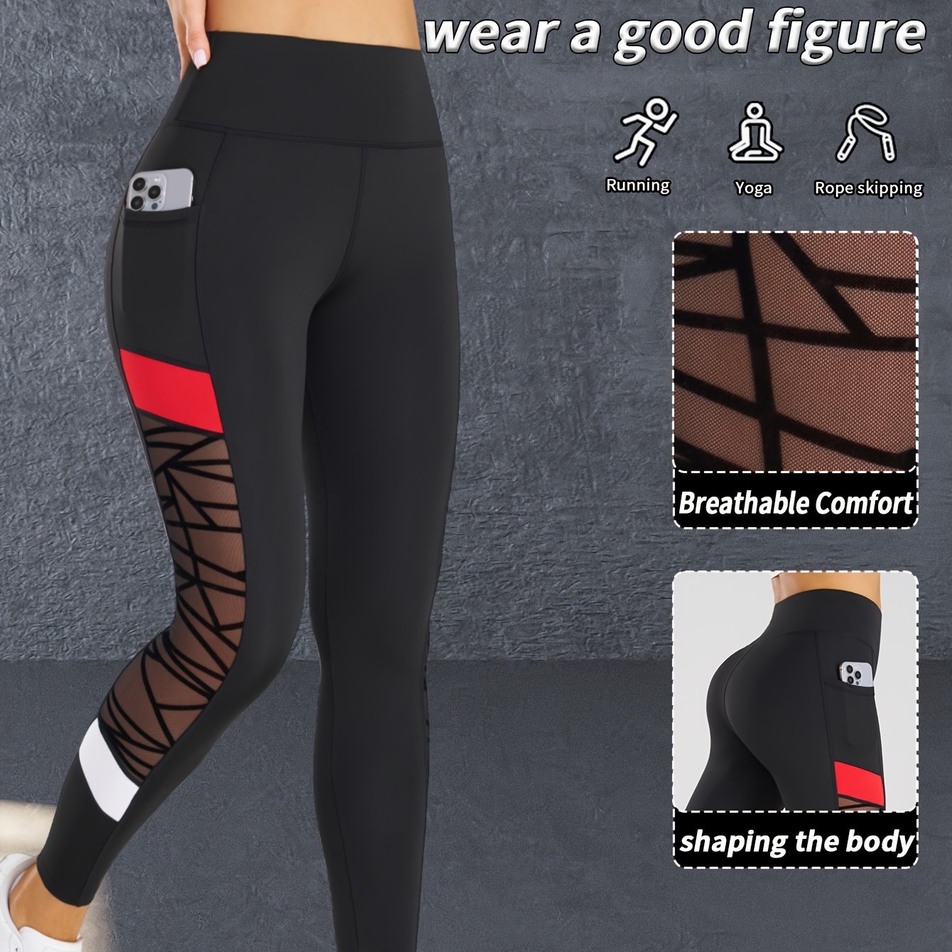 TEMU New Women's Side Mesh Sheer Yoga Pants, Sweat-wicking Sports Pants, -lifting Tummy Control Leggings, Breathable Comfortable Casual Pants
