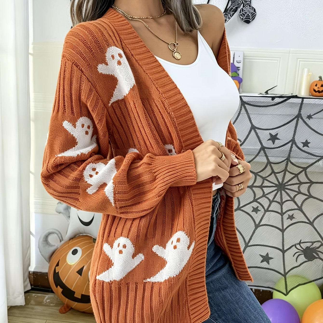 TEMU Walking To 2026 Halloween Women's Cardigan Sweater Autumn Winter Retro Ghost Pattern Top Long Sleeve Off-shoulder Loose Jacket Western