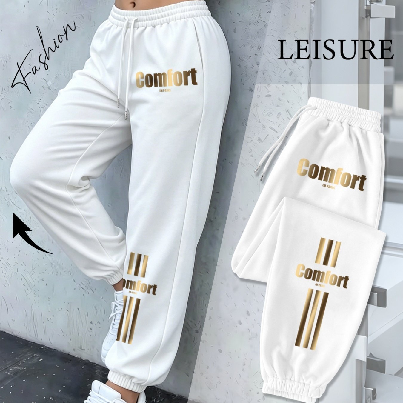 TEMU Plus Sizewomen's Jogger Pants With Golden-printed Lettering And Three-, Luxurious Loose-fit Drawstring Casual Sports Pants