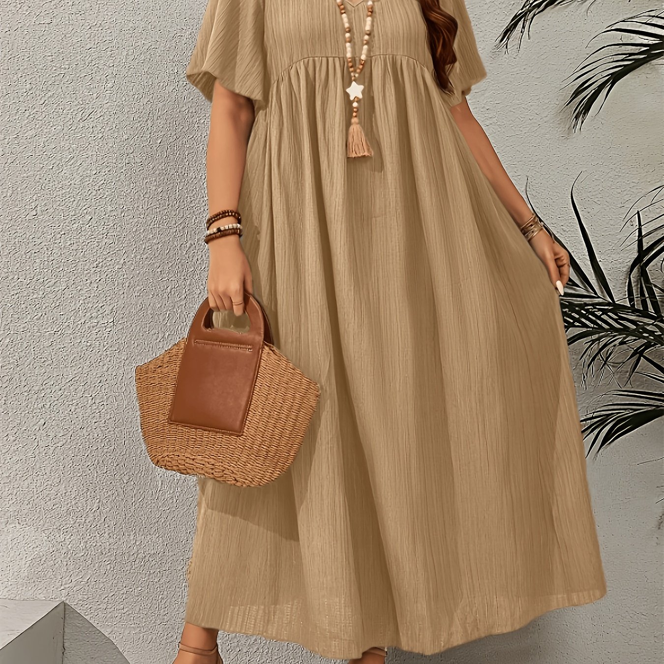 TEMU Plus Size, Women's Plus Size Bohemian Maxi Dress V-neck Batwing Short Sleeve A-line Summer Dress - Machine Washable Maxi Batwing Dress For Beach