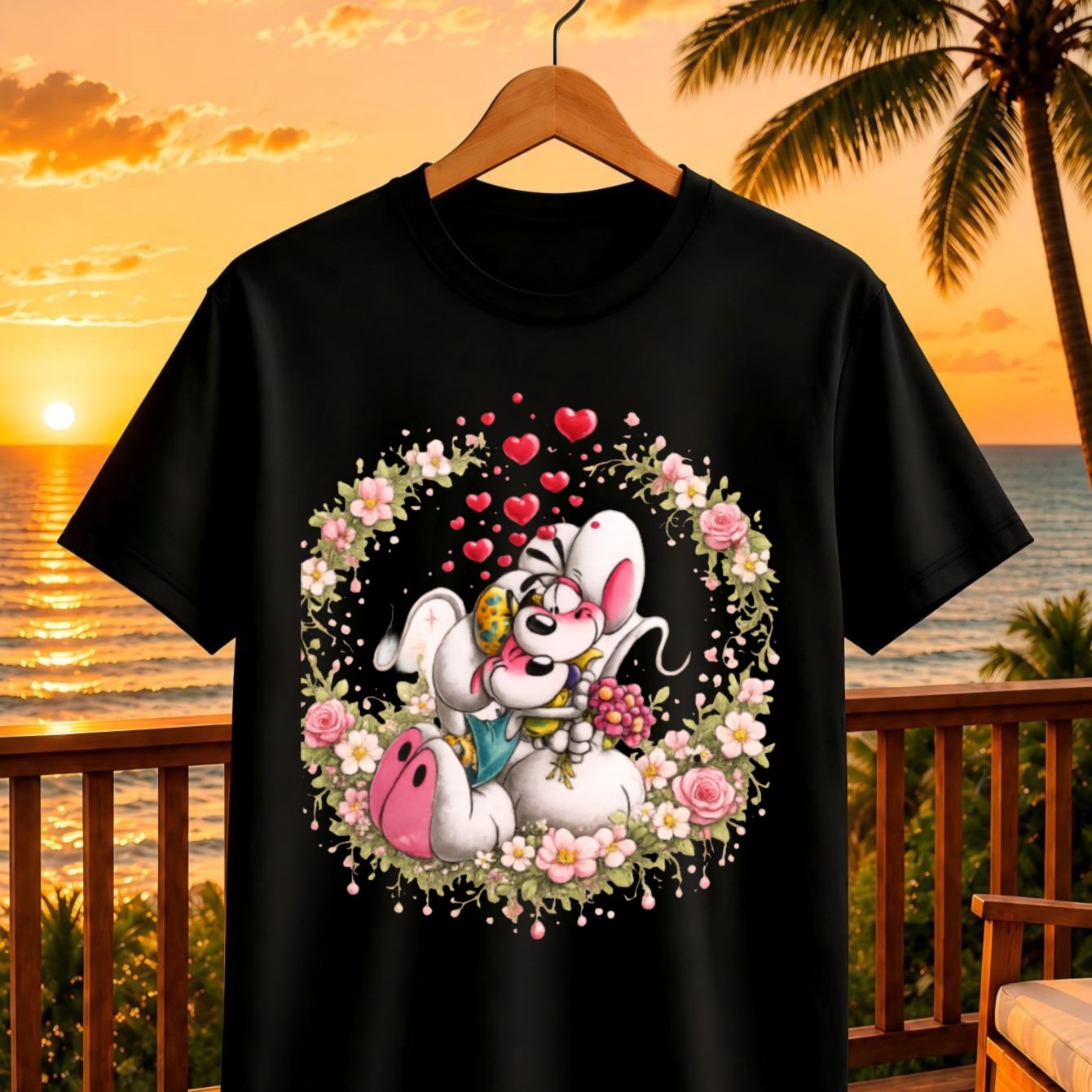 Romantic Mouse Couple Floral Graphic T-shirt 2 Cute Mice Embracing Inside Pink Roses Blossoms And Floating Hearts Unisex All T-shirt