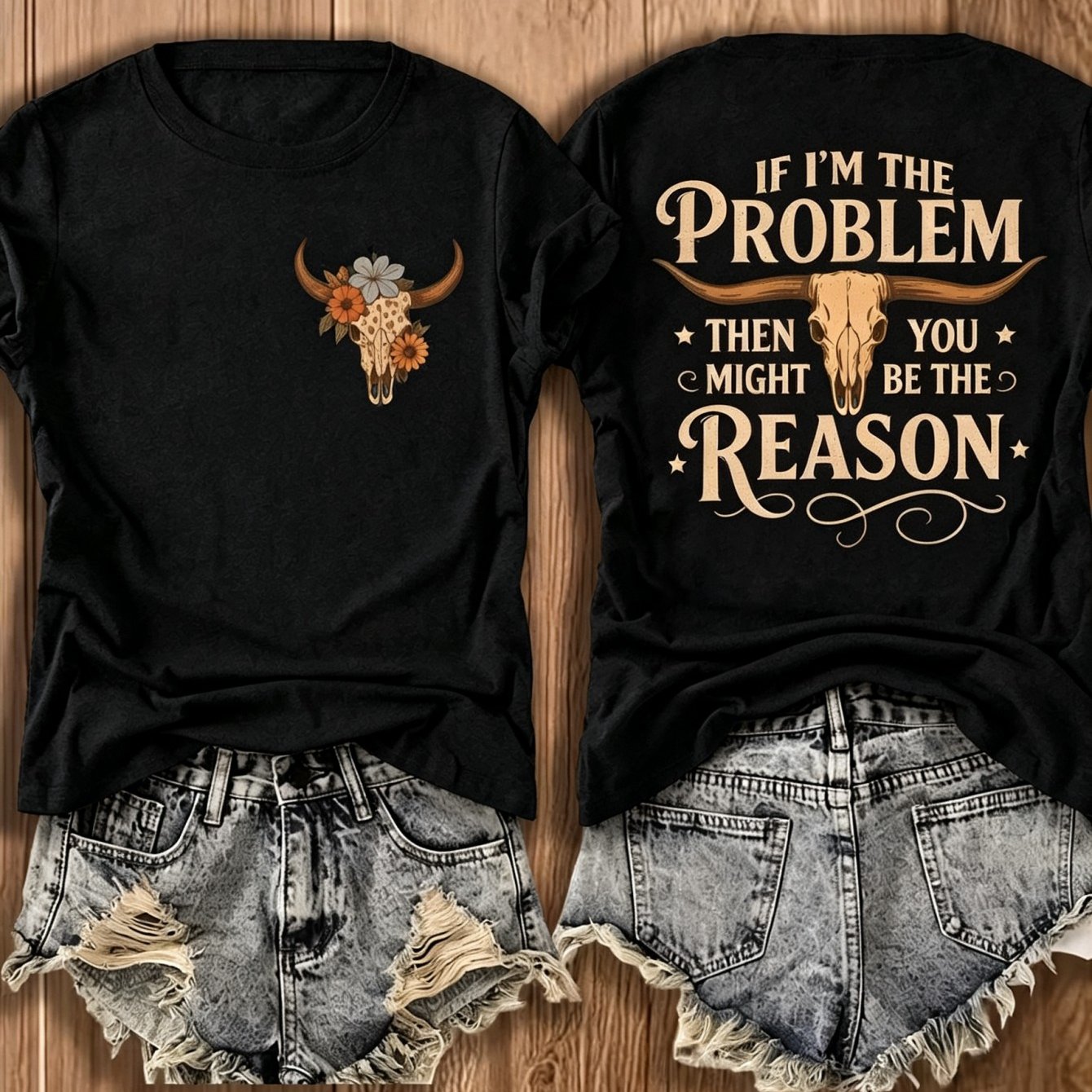TEMU Women's Vintage Skull & Floral T-shirt - Cowgirl Short Sleeve Crew Neck Top With Bull Skull Print, Loose Fit Casual Streetwear Suitable For