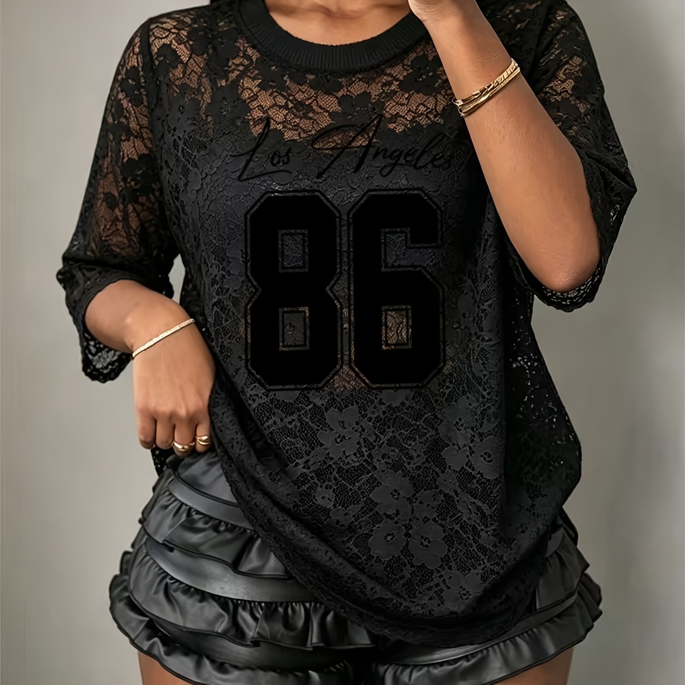 TEMU Women's Versatile Round Neck Lace T-shirt, Vintage Soft And Wear, Slightly Stretchy Semi-sheer Polyester, Worn Under Tank Tops, Printed Design â