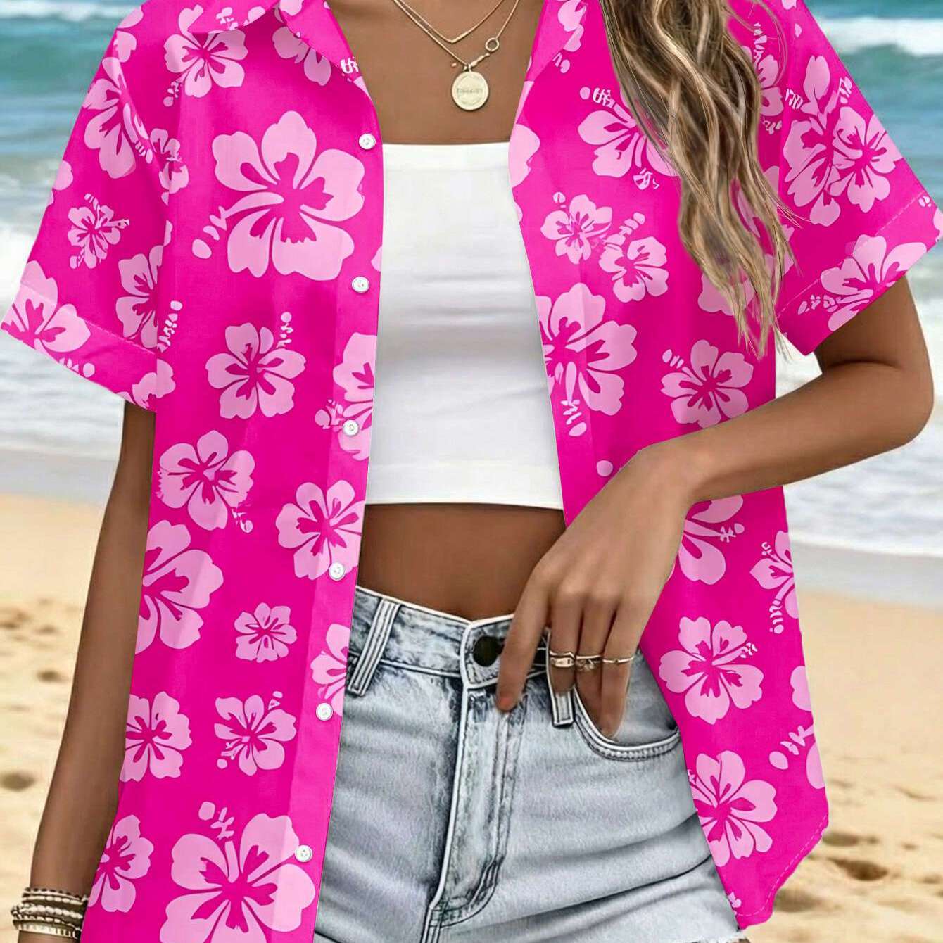 TEMU Women's Casual Short Sleeve Shirt, Pink Base Powder Hibiscus Pattern Flat Print Design, Machine Washable Women's Top, Fashion Button-up Shirt