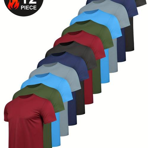 12pcs mens athletic short sleeve t shirts moisture wicking performance shirts in assorted colors red blue black green blue breathable polyester for casual outdoor and active wear workout gear versatile tshirts smooth texture workout shirts
