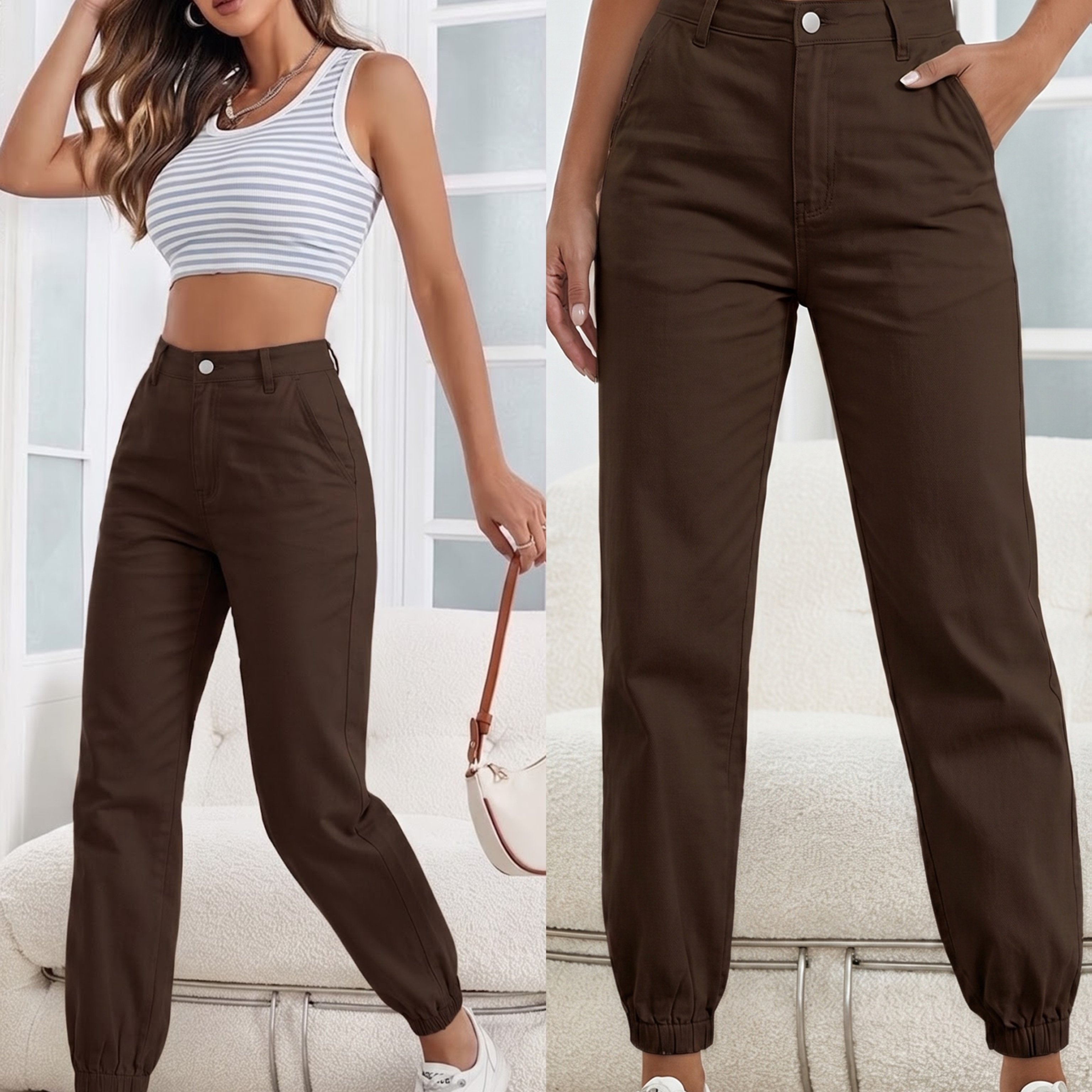 /summer 2026 Women's Stretchy Loose--colored Jogger-style Fashionable And Elegant Solid-, Long Pants With Built-in Elastic Waistband And Elastic Elasticated Cuffs, Fabric, Suitable For Work, Travel