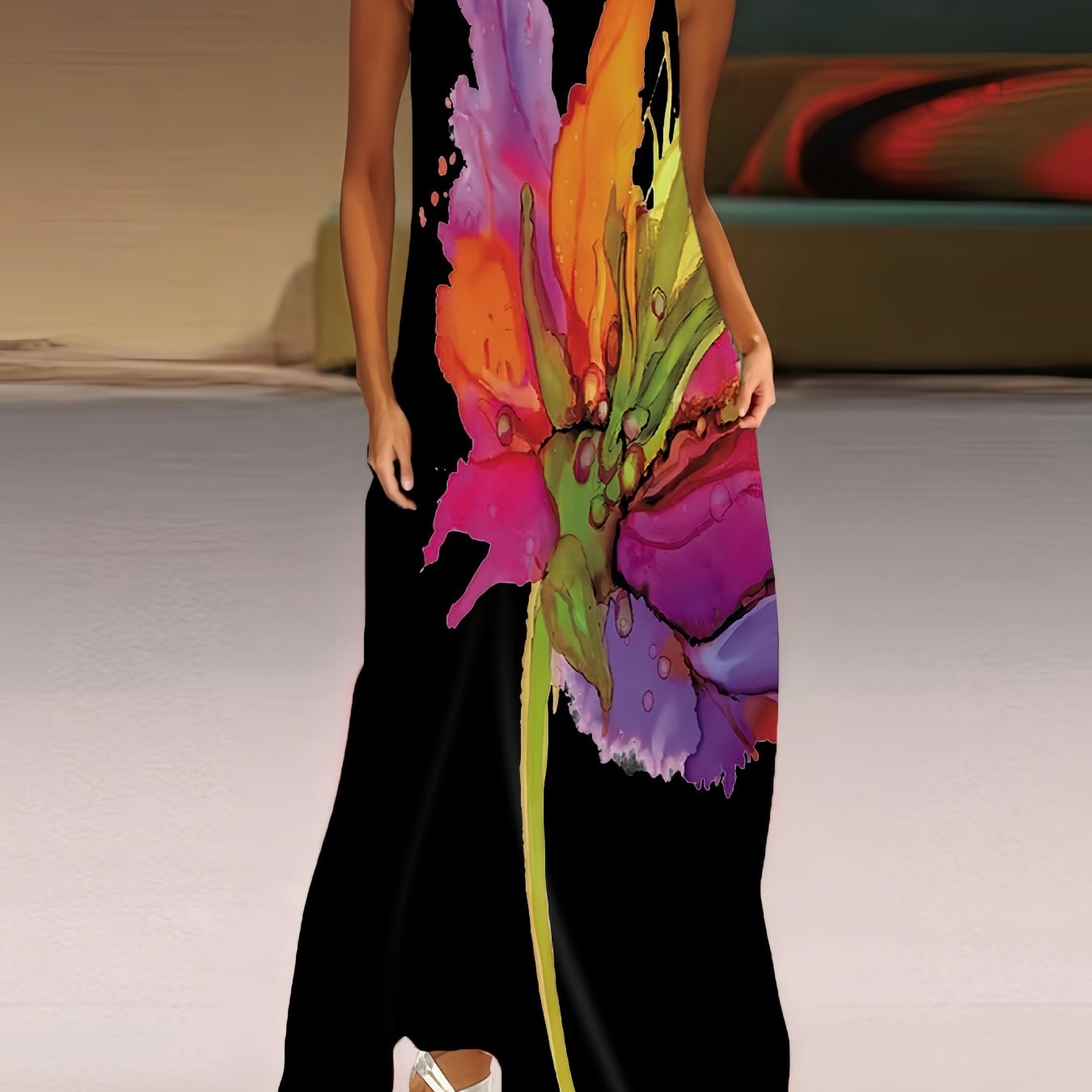 TEMU Elegant And Casual Printed V-neck Dress With Colorful Flowers