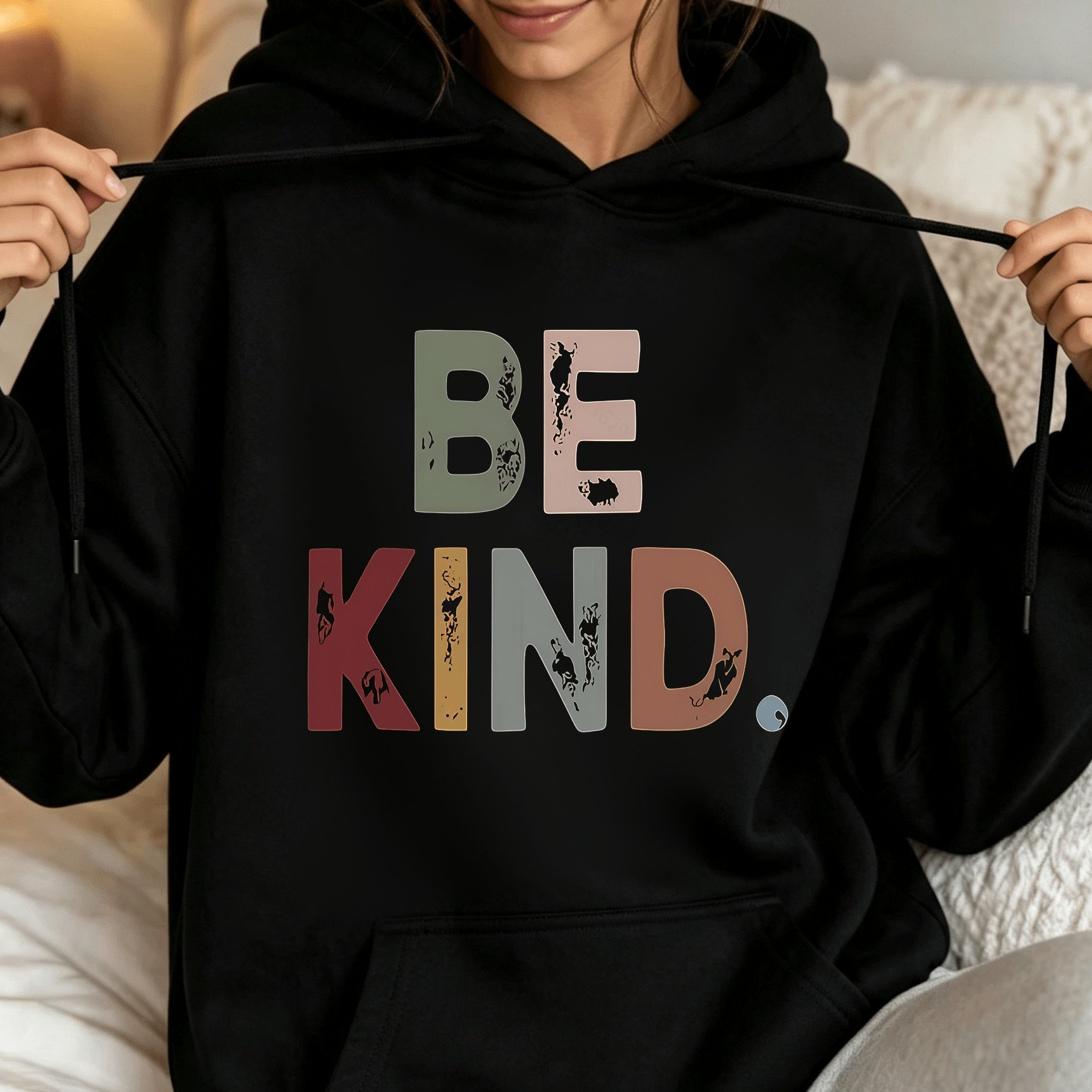 TEMU 1pc de vêtements pour femmes grandes tailles, avec imprimé multicolore vintage "BE KIND", à capuche et ample, fabriqué en tissu doux et chaud