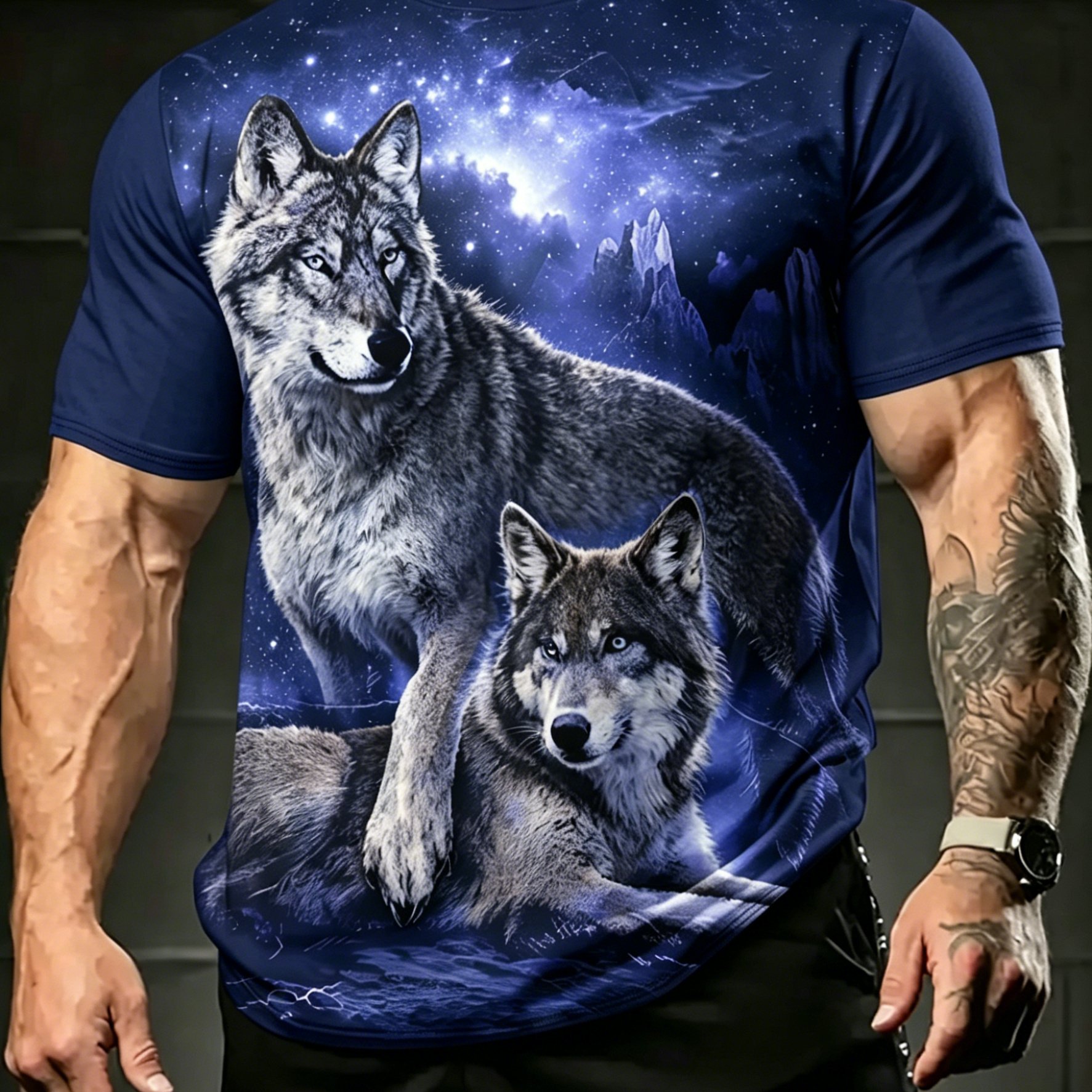 TEMU Men's Starry Sky Twin Wolves Full-body Print T-shirt - Plus Size Oversized Short Sleeve Crew Neck Top, Loose Fit Casual & Athletic Wear Suitable
