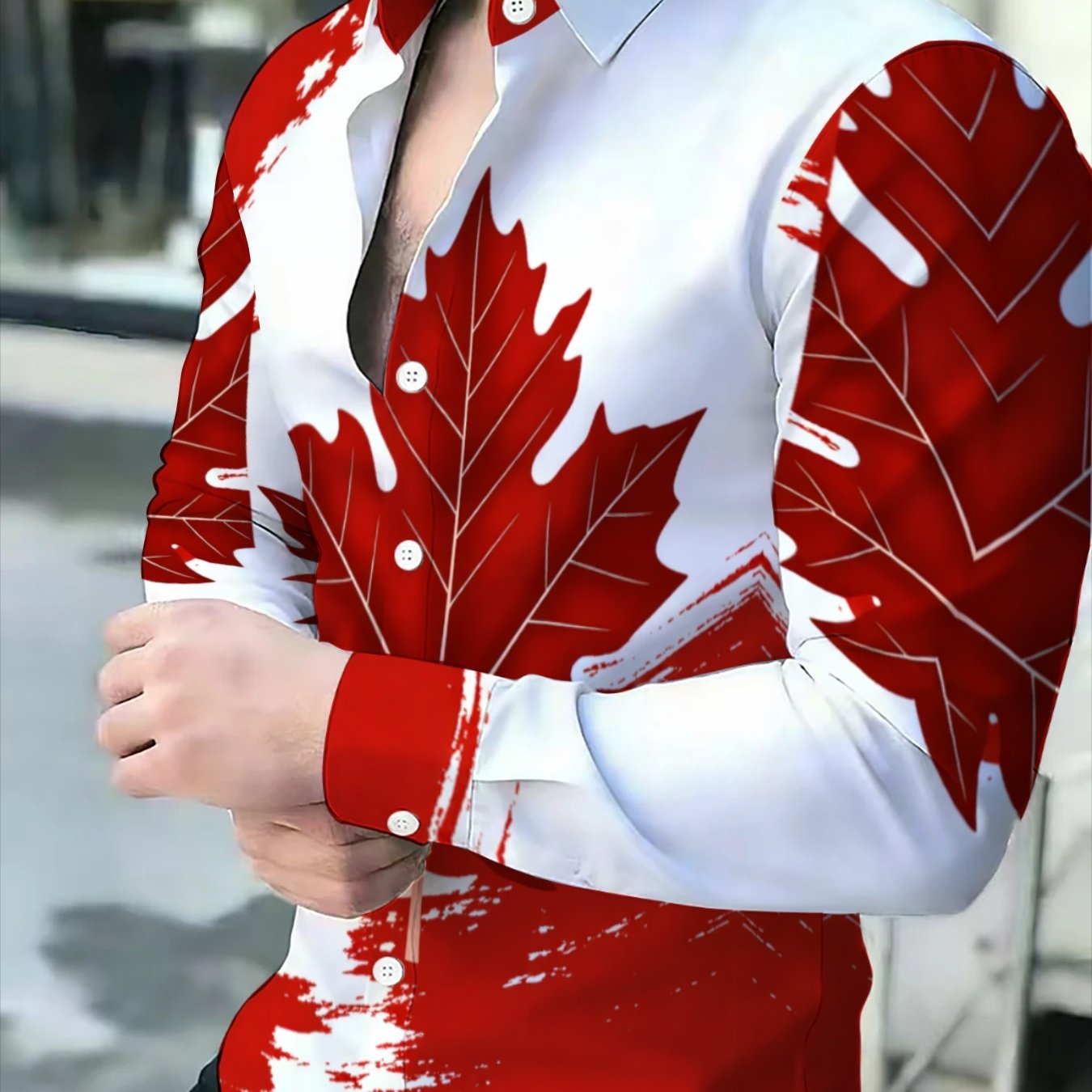 TEMU Chemise à manches longues décontractée pour homme avec imprimé feuille d'érable rouge, haut de mode automnal pour homme