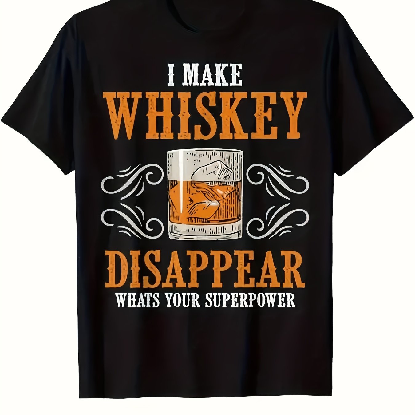 TEMU Men's & Unisex Vintage Whiskey T-shirt - Retro "i Make Whiskey Disappear" Print, 100 Neck Short Sleeve Casual Tee Suitable For Casual Outfits,