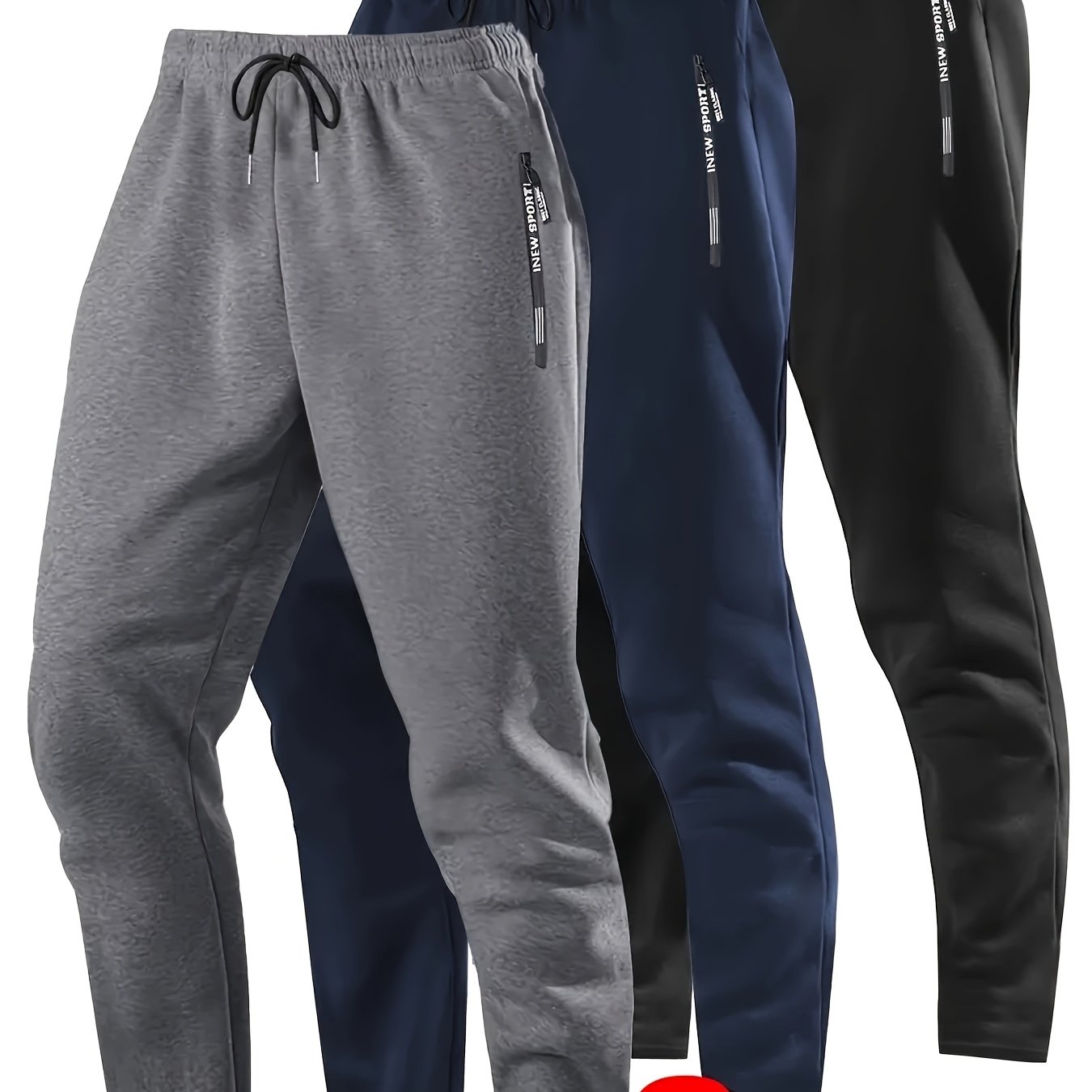 TEMU 3pcs Men's Slim-fit Joggers - Solid Color, 95% Polyester With Stretch, Drawstring Waist & Zipper Pockets, Machine Washable - Ideal For