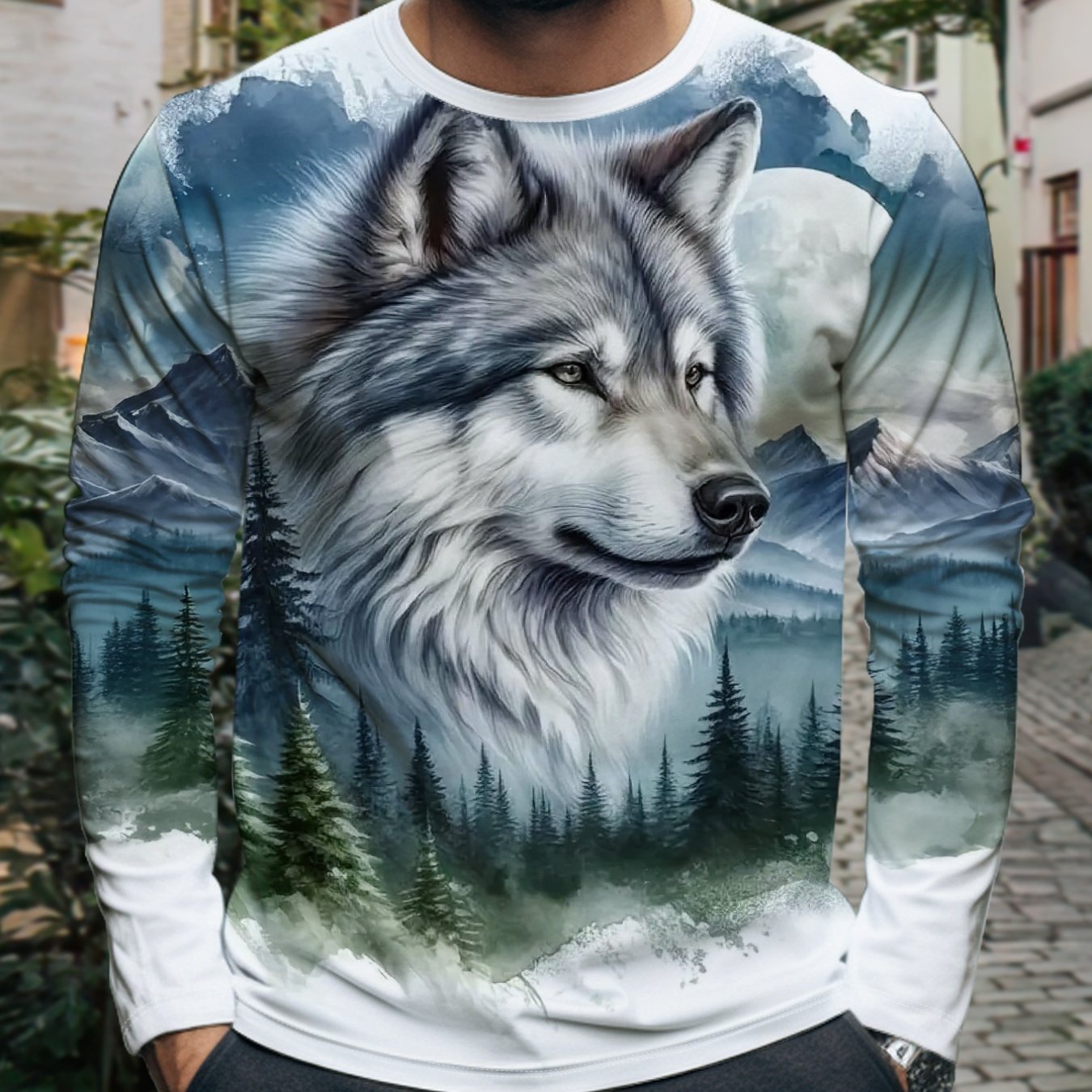 TEMU Print Design - Not Textured ' Long Sleeve T-shirt, Forest Gray Wolf Watercolor Landscape Retro Round Neck Long Sleeve