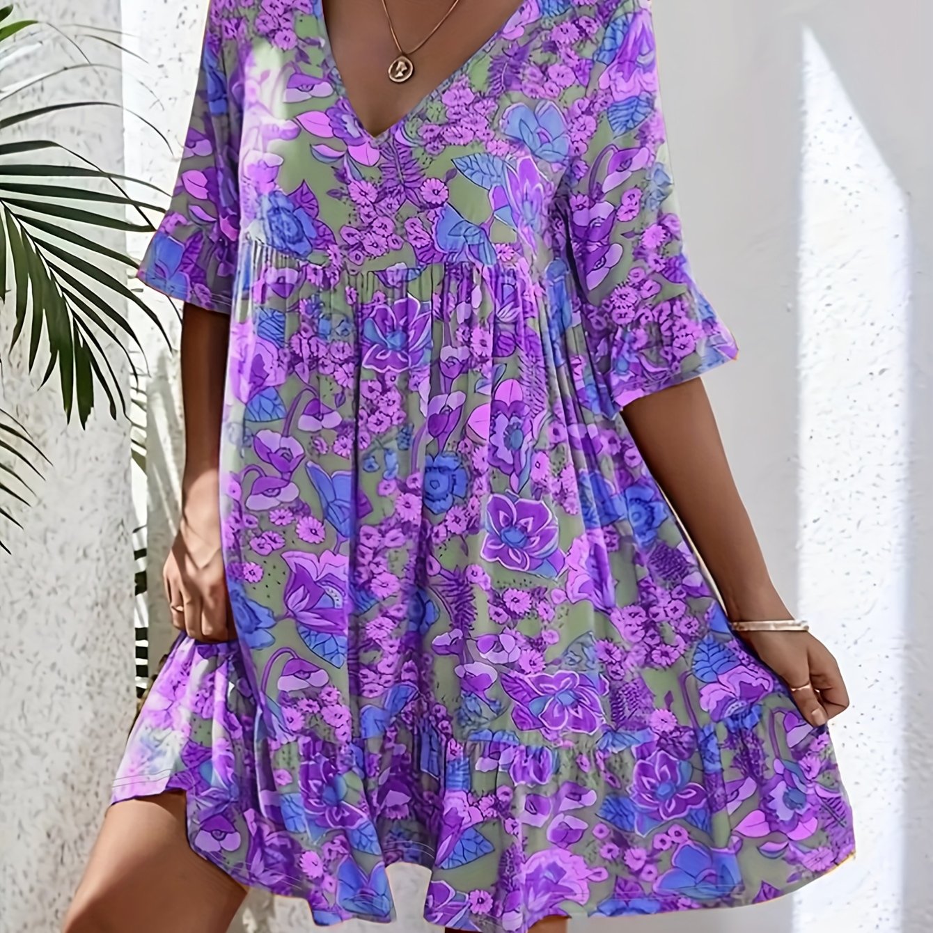 TEMU New European And Dress, Casual V-neck Floral Print Bohemian Dress