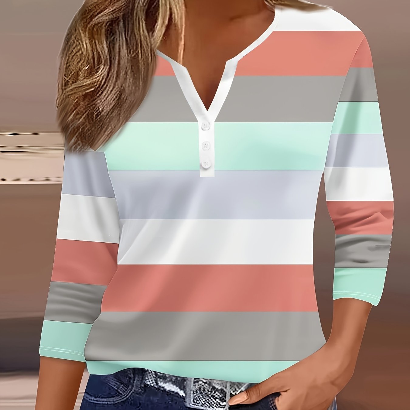 Casual Fashion Holiday Women's Regular Fit Striped -quarter Sleeve V-neck Button T-shirt