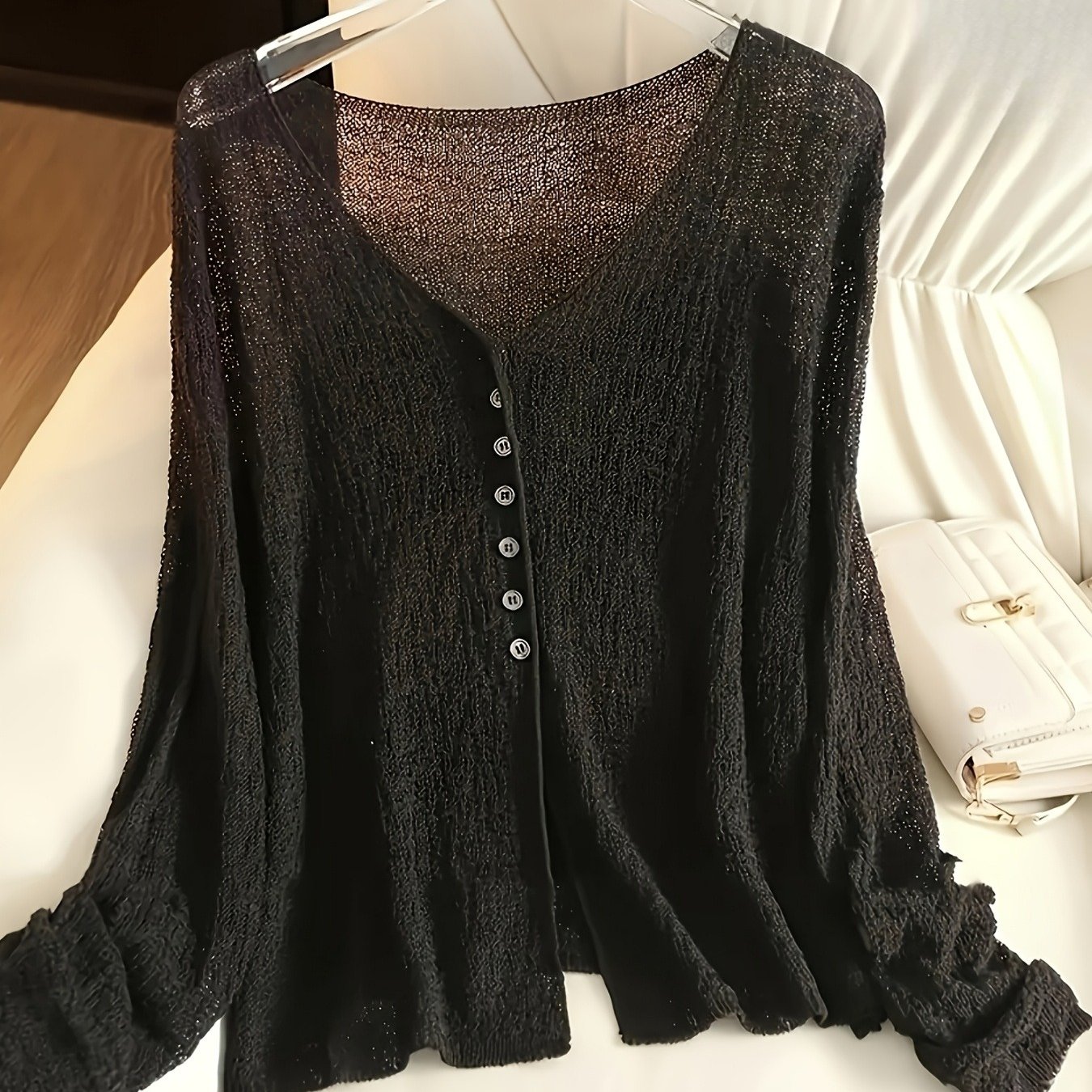 TEMU Unique And Lightweight V-neck Cardigan - Transparent Summer Long Sleeved Shawl, Suitable For Spring/summer/autumn, Women's Casual And