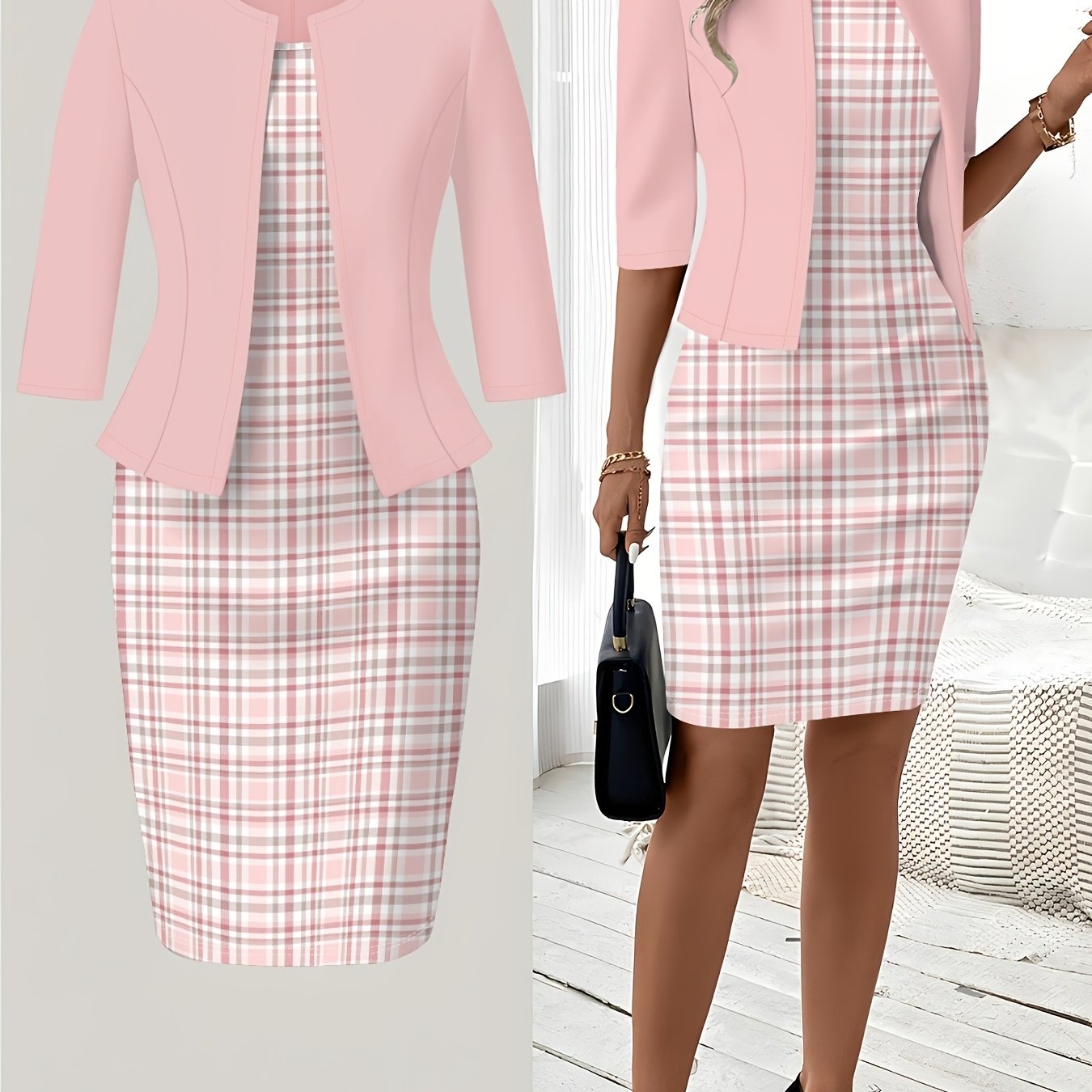 TEMU Ensemble robe à col rond avec imprimé à carreaux rose et blanc, style décontracté, imprimés QC, styles automne et hiver
