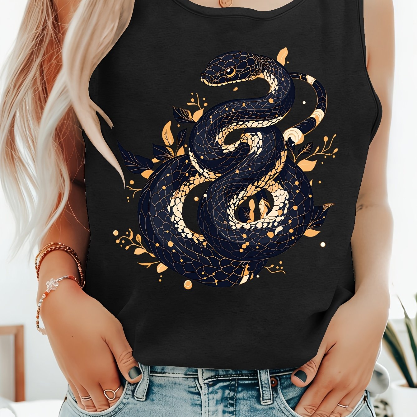 TEMU Women's Summer Clothing Featuring A Black And Golden Snake Pattern Print Sleeveless Round-neck Tank Top, Suitable For Casual And Formal Outfits.