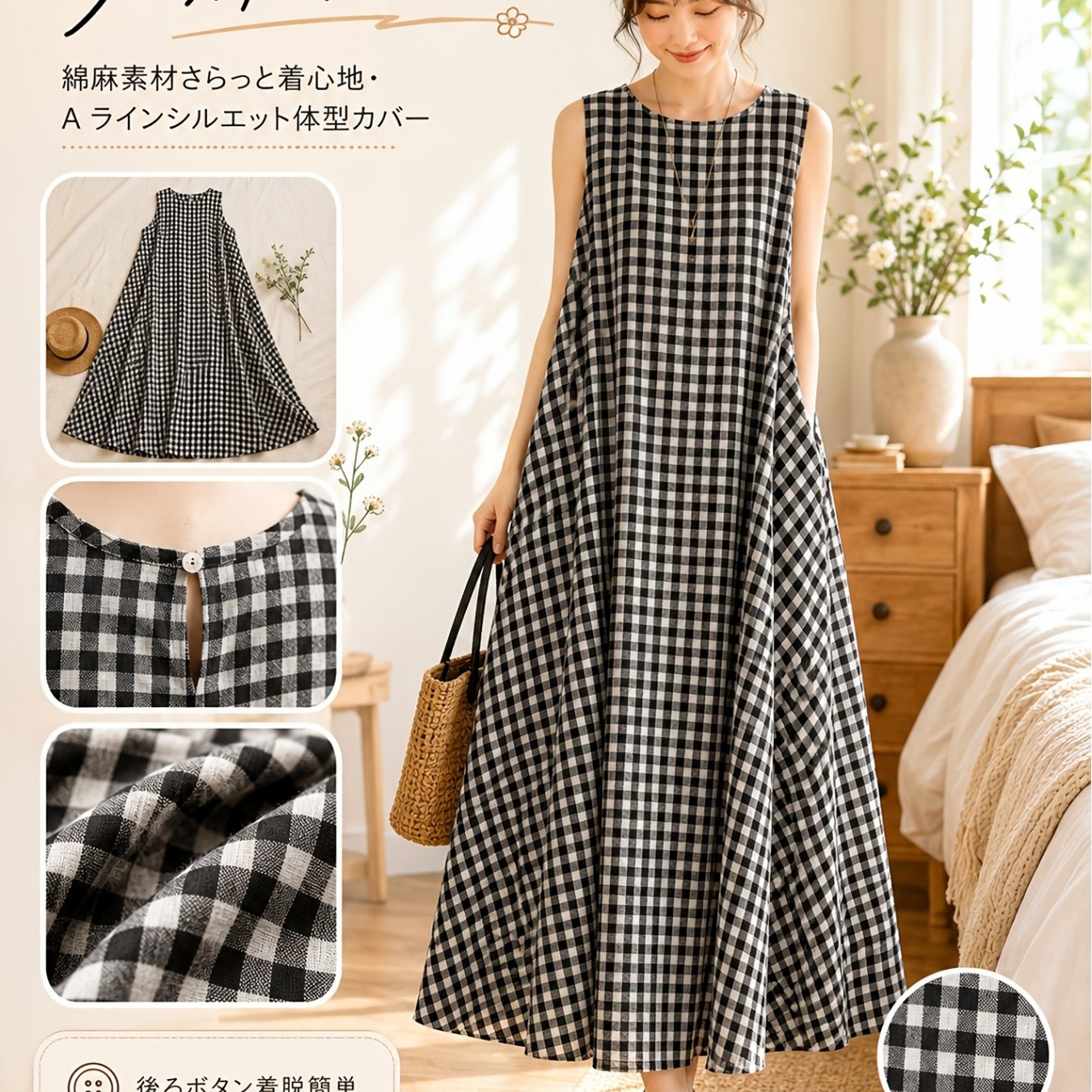 TEMU レディース 和韓風 シングルリネンドレス 夏用 ノースリーブ チェック柄 ルーズフィット ロングドレス カジュアル ロングティックドレス