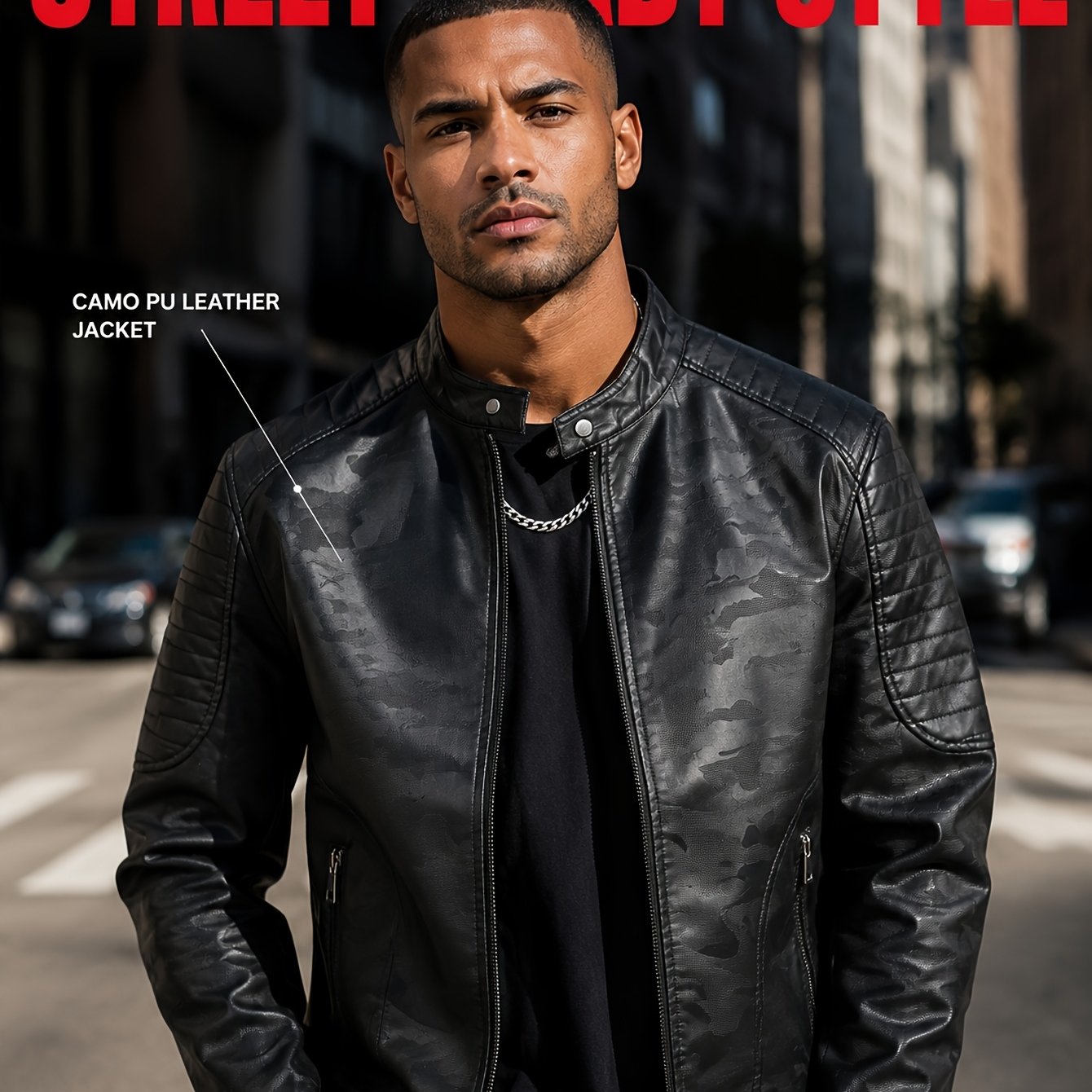 Image of Men's Stand Collar Embossed Camouflage Pu Motorcycle Jacket, With Metal Snap Fasteners As Accent Details , Full-length Metal Zipper Closure , Vertical Zippered Side Pockets, Yoke With Topstitching