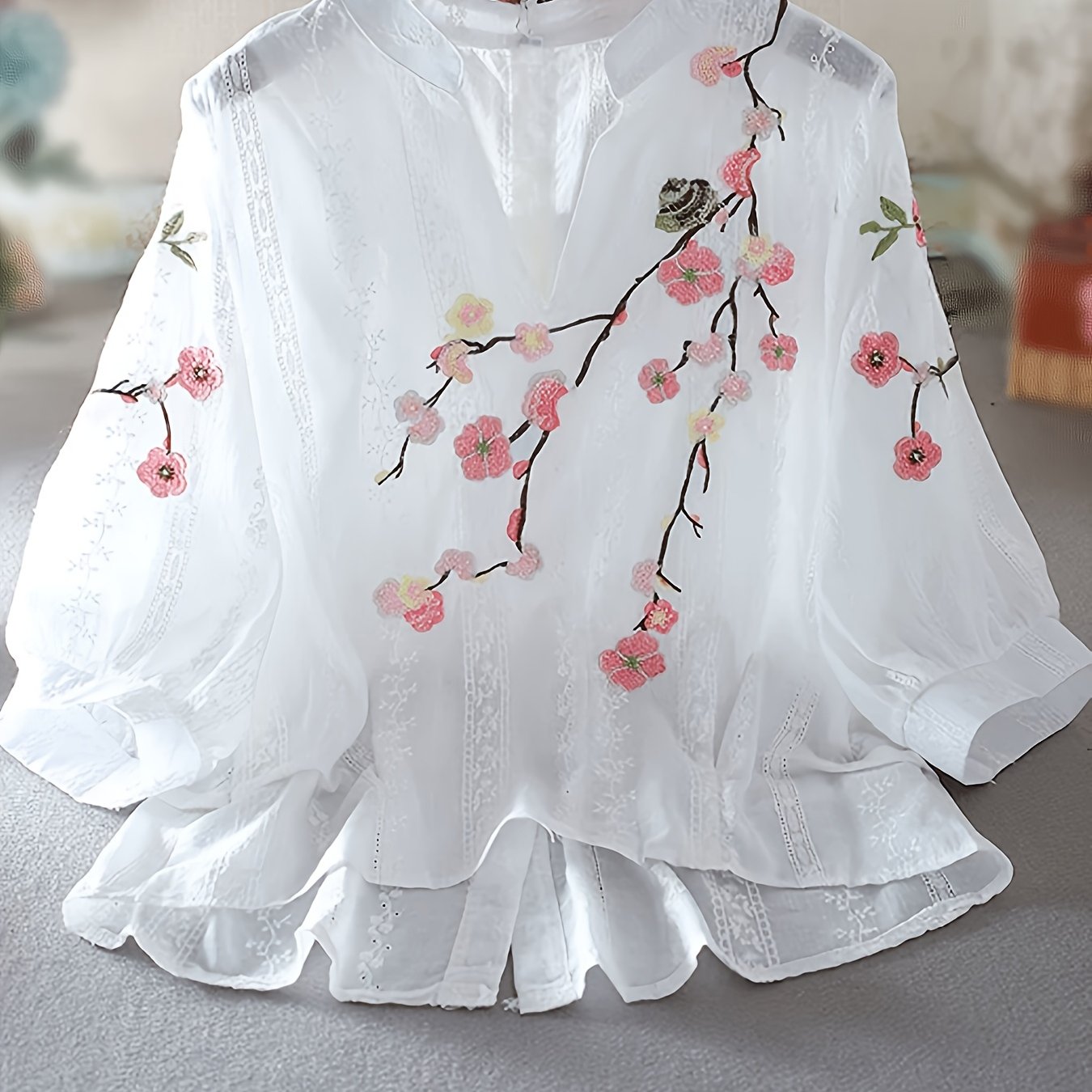 TEMU Elegant Embroidered Lace Blouse For Women, V-neck Top, Women's Shirt, Nian Nian