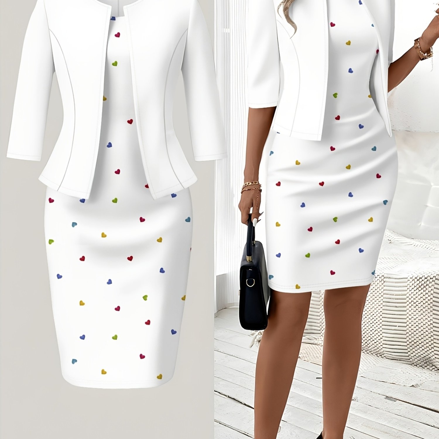 E-shop Bedrucktes Design Herbst- und Winterstile Bunte Polka Dots Muster Druck Rundhals Kleid Anzug