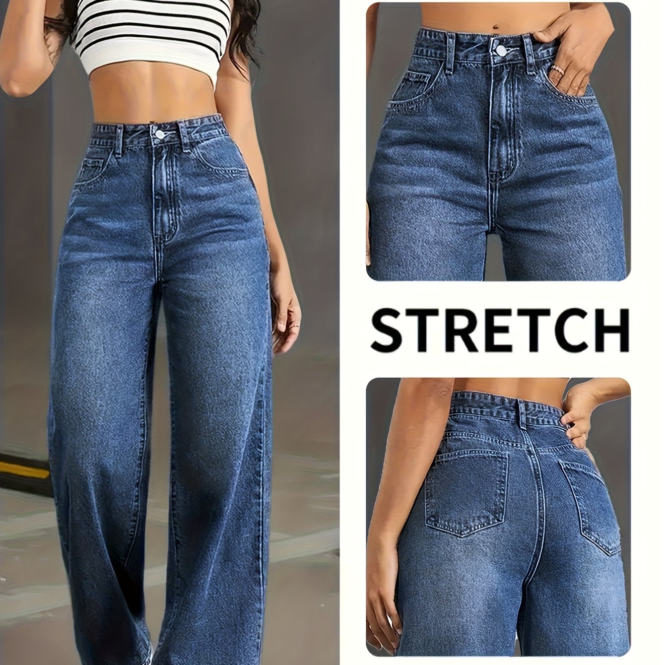 Image of Women's High-elasticity Wide-leg Straight-leg Denim Pants With Beltless Waist - Full-length Long Trousers, Built-in Zipper Closure & Button Pockets - For Work, Travel, Office - Wear (elegant )
