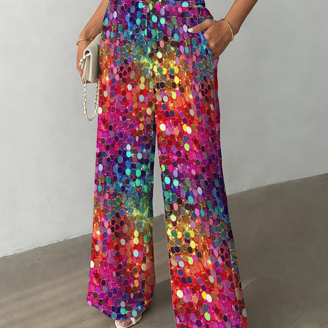 TEMU Women's Straight-leg Pants With Colorful Circular Pattern, Suitable For Casual , Parties, And Nightlife, Stylish And Trendy.