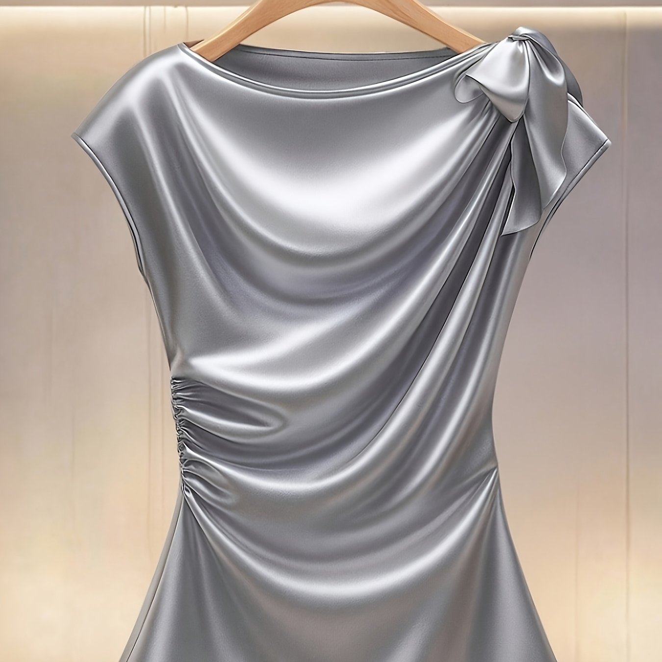 TEMU Qd1124021 lingshan Targeted women' Color Satin Pleated Bow Blouse Elegant Top