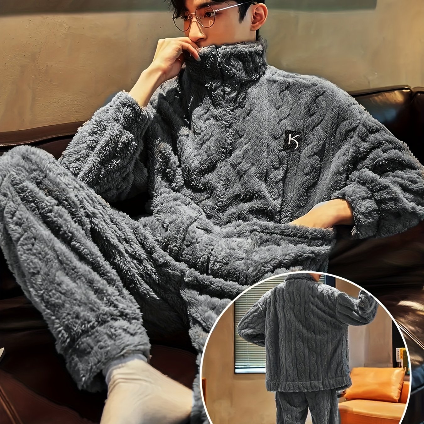 Coral Fleece Pajamas Men's Winter Thickened Fleece Warm Collar Zipper Style Autumn Winter French Flannel 2pcs Set