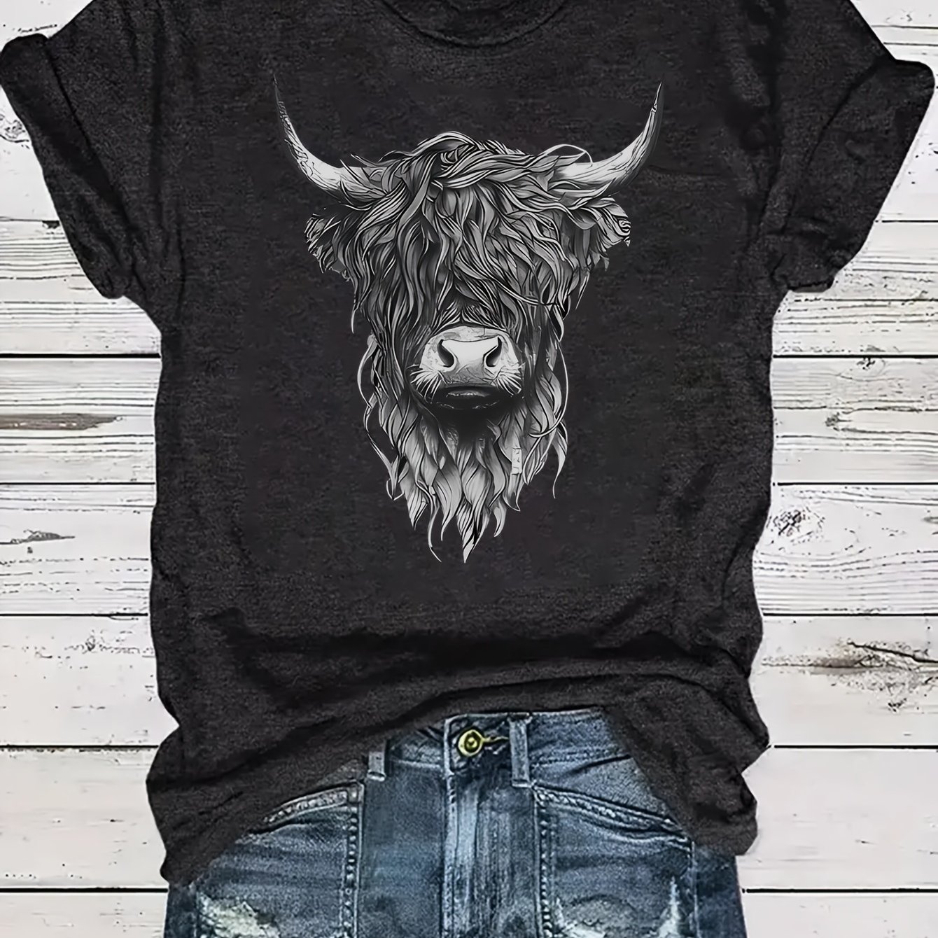 Image of Highland Cow T-shirt, Short Sleeved Casual Round Neck Women's Clothing