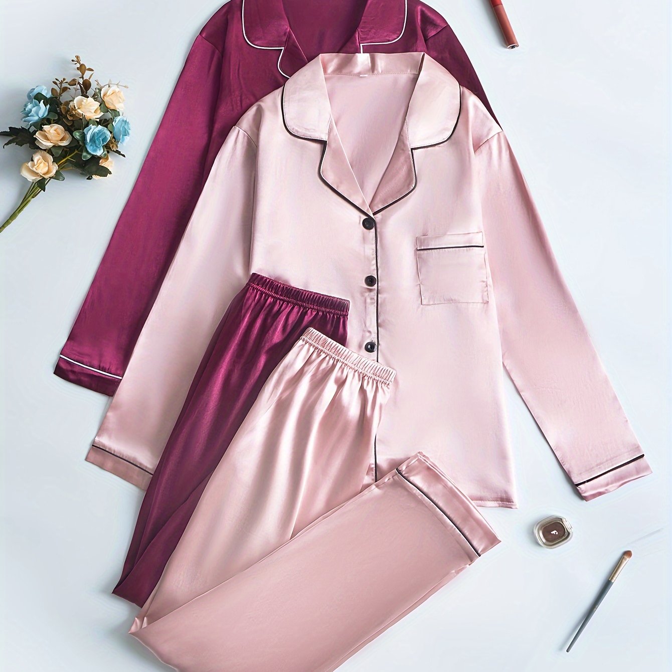TEMU 2 Sets Of Women's Long-sleeve Long-pants Solid Color Satin Pajama Sets, Casual Lapel Open-front Button Elegant Autumn-winter Sets