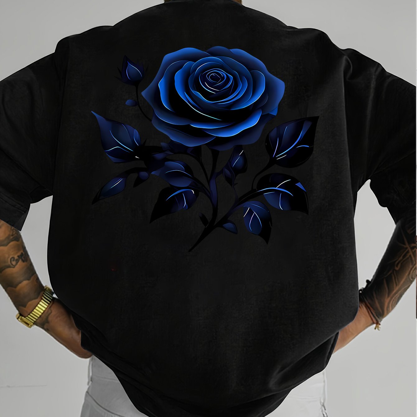 TEMU Men's Trendy Blue Rose Print Short-sleeve T-shirt For Daily Street Fashion