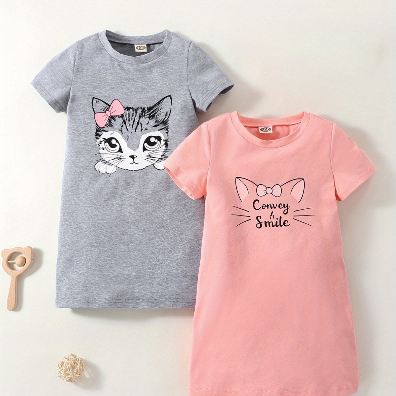 Summer Girls' Cat Head And Cat Letter Print Round Neck Casual Two-piece Dress Set, Cute And Fashionable T-shirt Multi-piece Dress For Baby Girls
