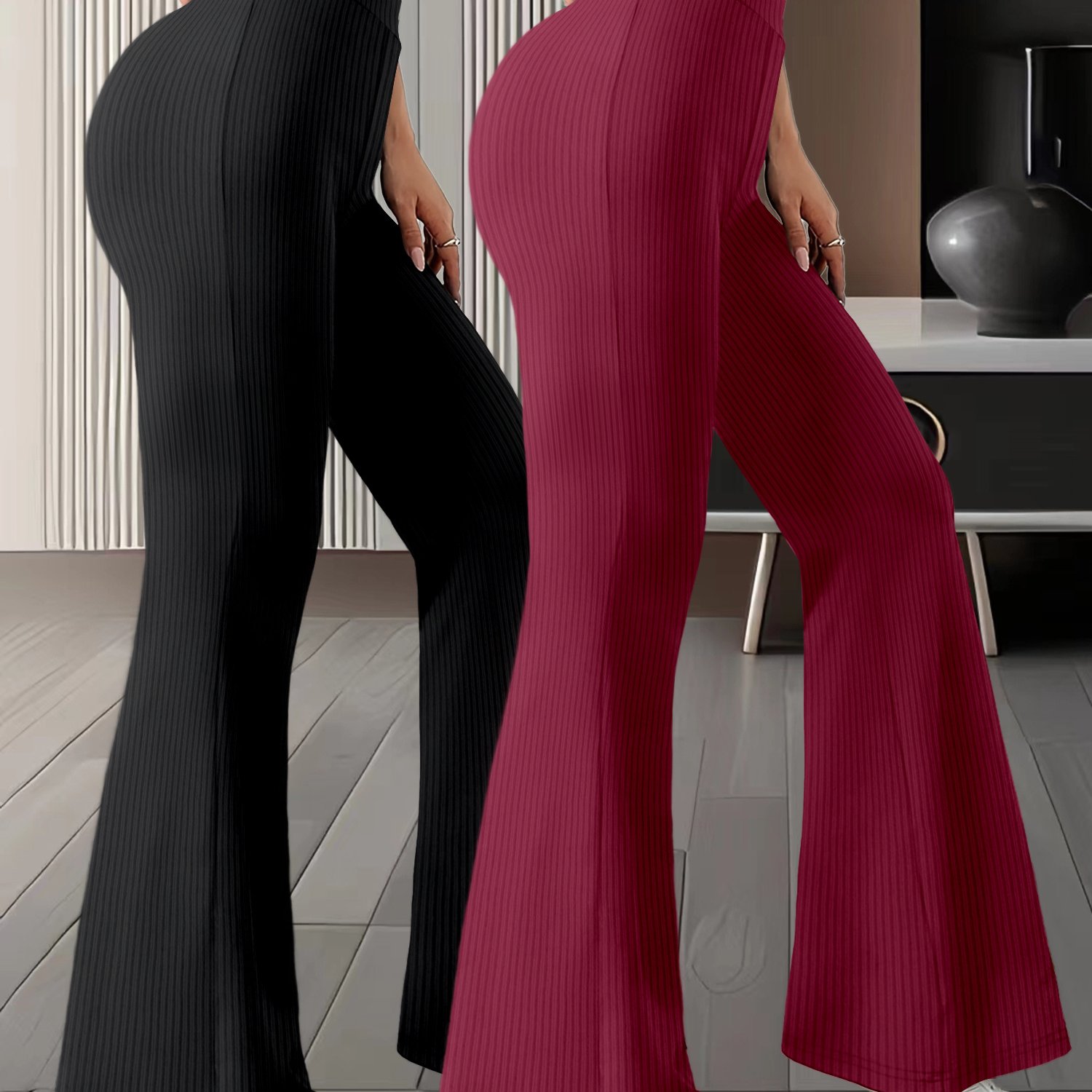 TEMU 2pack Women Solid Color High Waist Slim Fit Flare Leg Pants, Stretchy Pants, Versatile Casual Long Length Pants, Women's Clothing